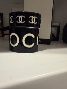 CHANEL Black and White Logo Resin Bangle Set